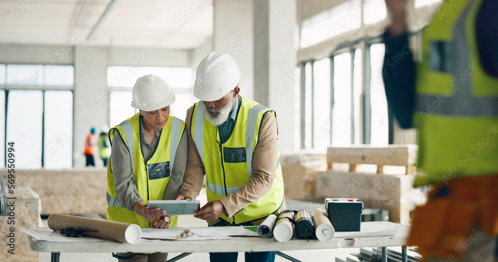 Canvas Prints Engineer, architect and business people on tablet for construction, strategy or project plan at work. Team of contractors working together on architecture planning or discussion on touchscreen