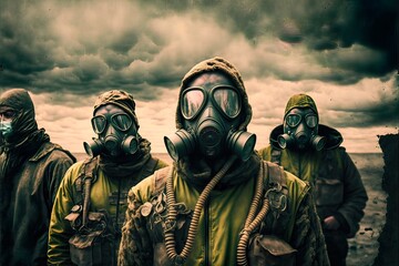 A group of people, a rescuer in a costume with gas masks due to air pollution in a futuristic city, an army after a nuclear war and disaster. Illustration. Generative AI.