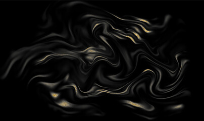 Black Gold Wave Silk Draped Fabric. Luxury Abstract Background. Black and Gold Fluid Flow. Vector Illustration.