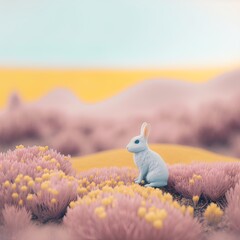 Obraz premium Fresh spring, Easter, animal concept of a little white rabbit on a meadow in fresh field flowers. Pastel holiday landscape. Illustration. Generative AI.