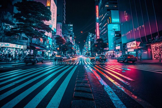Neon night city Shibuya crossing in Tokyo. Generative AI