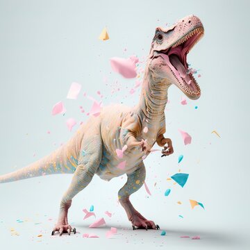 Illustrated dinosaur party concept, small cute dinosaur with birthday cap having fun, confetti and balloons on pastel background. Party animal. Illustration, Generative AI.