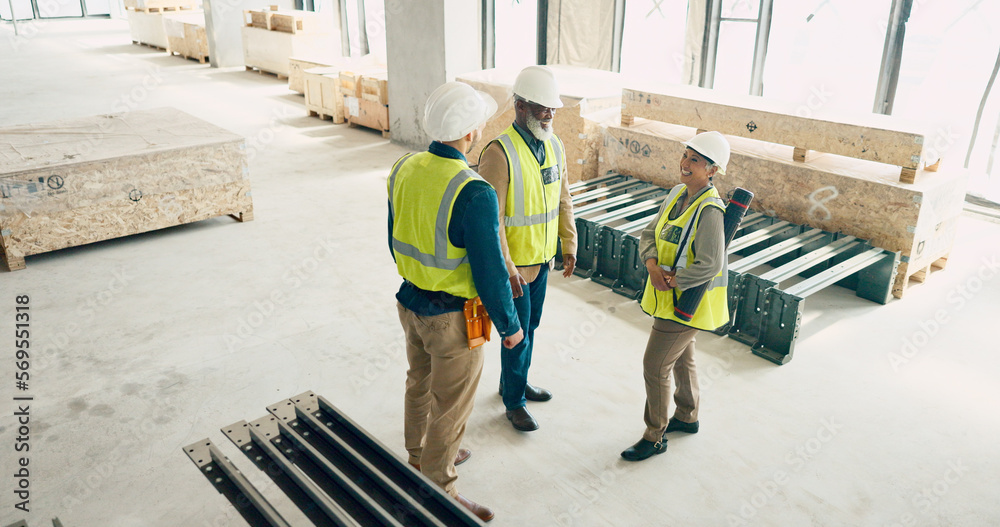 Aufkleber engineering team, handshake and teamwork at construction site, support or collaboration after succes