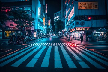 Neon night city Shibuya crossing in Tokyo. Generative AI