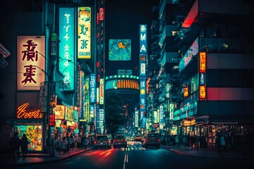 Neon night city street in Tokyo. Generative AI - obrazy, fototapety, plakaty