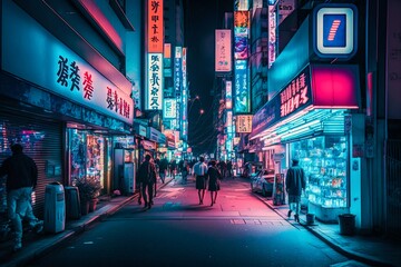 Neon night city street in Tokyo. Generative AI