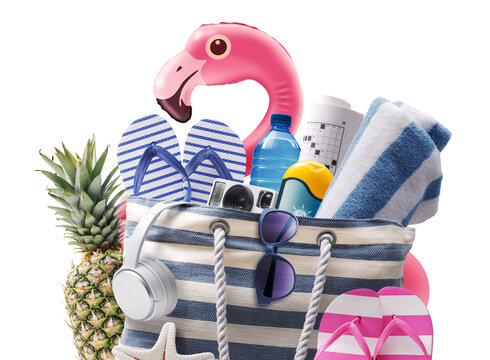 Beach bag and accessories on a tropical beach