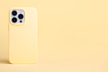 yellow banana color phone case mockup. iPhone 13 and 14 Pro Max mock up back view isolated on...