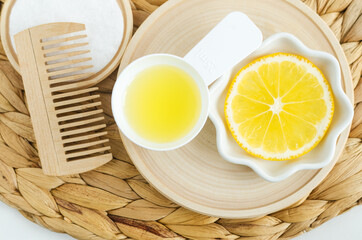 Lemon slice and lemon juice. Ingredients for preparing homemade face toner or beauty mask. Natural skin care, homemade spa and beauty treatment recipe. Top view