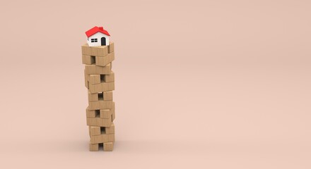wooden blocks holding up a house, symbolizing debt, mortgages and the fragility of home ownership (3d illustration)