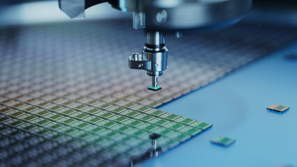 Close-up of Semiconductor Packaging Process. Computer Chips are being Extracted by a Pick and Place...