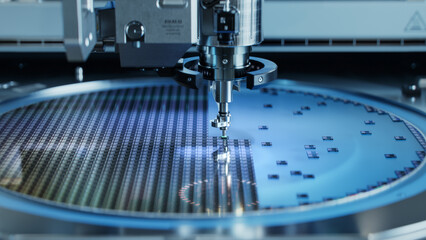 Computer Chip Manufacturing. Semiconductor Wafer after Dicing Process. Silicon Dies are Being...