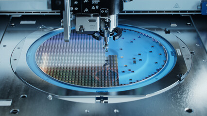 Semiconductor Packaging Process. Computer Chips are being Extracted by a Pick and Place Machine from Semiconductor Wafer and Attached to Substrate. Computer Chip Manufacturing at Factory - obrazy, fototapety, plakaty