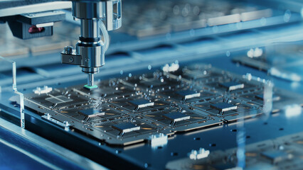 Silicon Dies are being Attached to Substrate by Pick and Place Machine on Semiconductor Factory....
