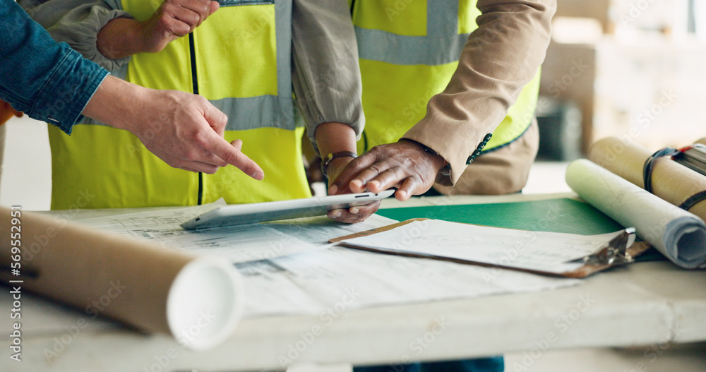 Poster tablet, architecture and construction worker people planning for engineer collaboration, project dev