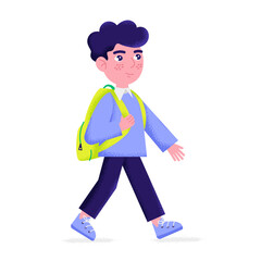 A schoolboy goes with a backpack to school. Vector illustration on a white background.