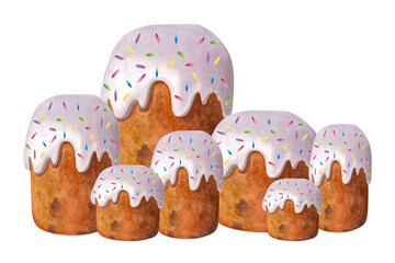 Easter cake in white icing. Colored candied fruit. Hand-drawn watercolor illustration isolated on white background
