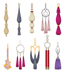 Fototapeta premium Tassel fringe accessories icon set. Leather trinket, handbag embelishments and fashion key chain. Textile zippers. Isolated vector illustration symbols