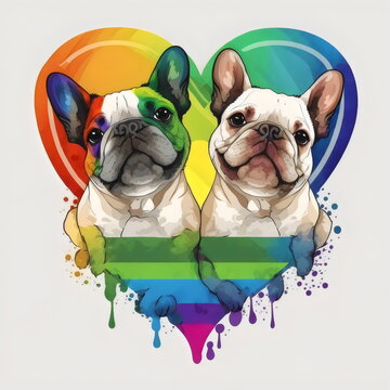 two rainbow frenchie dogs with a love heart behind them, generative ai