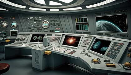 Il ponte di comando in stile Star Trek con monitor è stato progettato per fungere da hub centrale per le operazioni della nave. MOCK-UP - obrazy, fototapety, plakaty