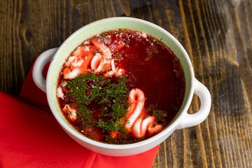 Borscht cooked with red beetroot with sour cream