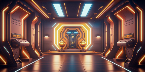 Futuristic sci fi neon light glowing inside spaceship tunnel room stage hall. Generative AI illustration.