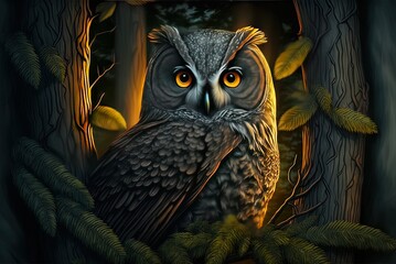 Among the woods, there was a lovely owl with bright golden eyes. Generative AI