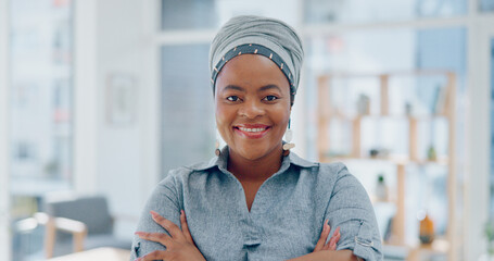 Face, black woman and arms crossed in office, business and leadership. Nigerian female...