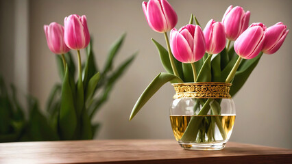 bouquet of pink tulip flowers in a glass vase with golden decorations with yellow water on a wooden table with gray brown wall and some others tulip flowers in background, generative AI