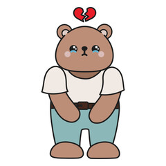 Cute cartoon bear is crying. with a broken heart