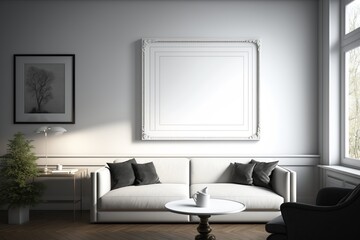 living room all in white decor, warm and comfortable with a blank frame on the wall. fashion furniture, beautiful decor in white. ai generative content
