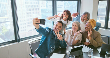 Fototapeta premium Peace sign, friends and selfie with business people and phone for teamwork, diversity and support. Social media, community and technology with employee in startup for internet, creative or networking