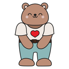 Cute cartoon bear stands and smiles. with a heart