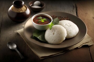 Idli or idly is a type of savoury rice cake, originating from the South India, popular as a breakfast food in Southern India and in Sri Lanka. ai generative - obrazy, fototapety, plakaty