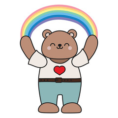 A cute cartoon bear stands with a rainbow over