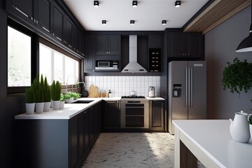 Fototapeta na wymiar simple and neat kitchen with basic colors like gray and green, summer or spring decor with characteristic furniture. ai generative