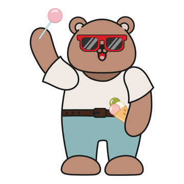 A cute cartoon bear stands with ice cream in hand