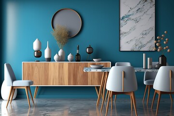 modern kitchen or living room of modern family house. blue and white marble colors. warm and comfortable home or studio. fashionable furniture. summer decor. ai generative
