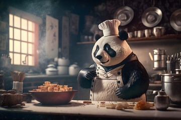 Portrait d'un chef panda dans les cuisines d'un restaurant » IA générative - obrazy, fototapety, plakaty