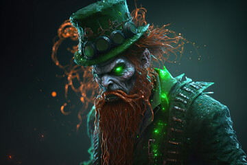 Scary Leprechaun cyberpunk style green St Patrick day. Ai generated