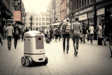Robot autonome en centre-ville, en train de livrer des colis dans une rue piétonne - illustration ia	
