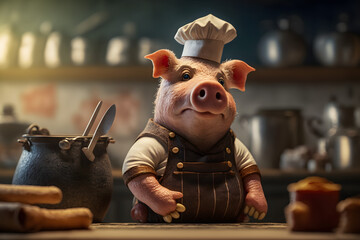 Portrait d'un chef cochon dans les cuisines d'un restaurant » IA générative - obrazy, fototapety, plakaty
