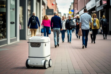 Robot autonome en centre-ville, en train de livrer des colis dans une rue piétonne - illustration ia	
