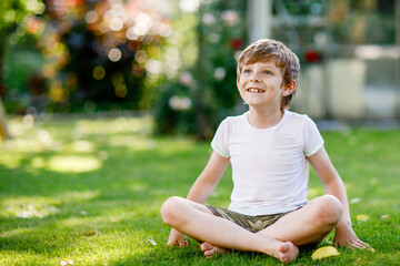 Happy little kid boy smiling. Portrait of young boy in nature, park or outdoors.