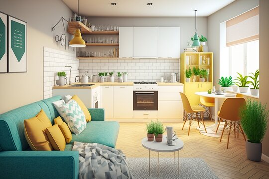 modern kitchen or living room of modern family house. blue and yellow colors. warm and comfortable home or studio. fashionable furniture. summer decor. ai generative