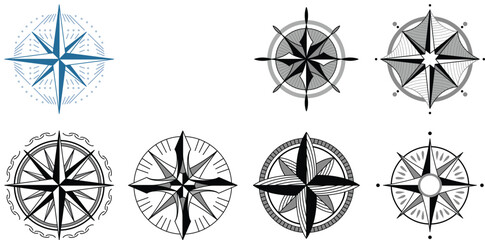 Wind rose compass. Navigation device with indication of the cardinal directions. Sign of vector nautical compass