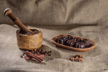 chocolate candies hand made on on a dark background