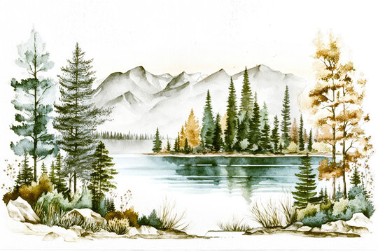 Beautiful mountain watercolor. Lake pine tree and mountains forest. Generative AI artwork