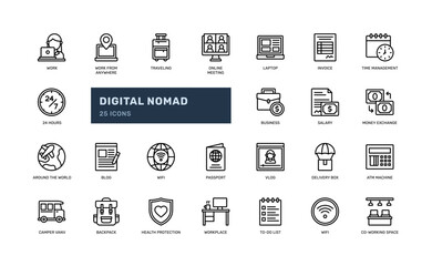 Digital nomad detailed outline line icons set featuring illustrations of laptop, baggage, invoice, airplane, and other symbols of freelance remote work and travel. 