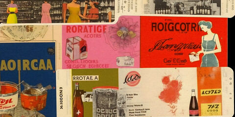 Vintage product labels, collage art, granular texture Generative AI